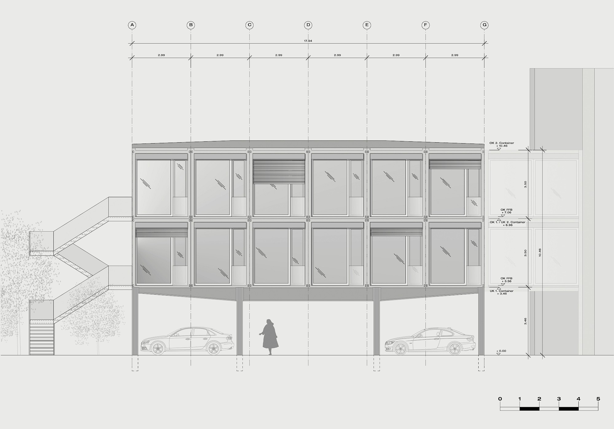 Variante: Drei Etagen mit Carport ohne Textil-Fassade